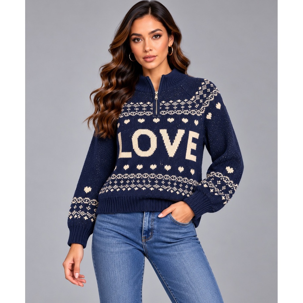 Aerie LOVE Quarter Zip Sweater Womens Medium Navy Blue Excellent Fair Isle Heart